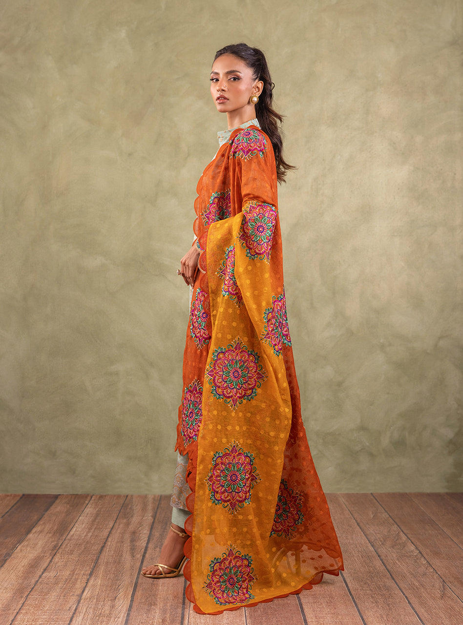 Pakistani Mint Green Block Printed Pure Chiffon Salwar Kameez (3-Piece) - Image 2