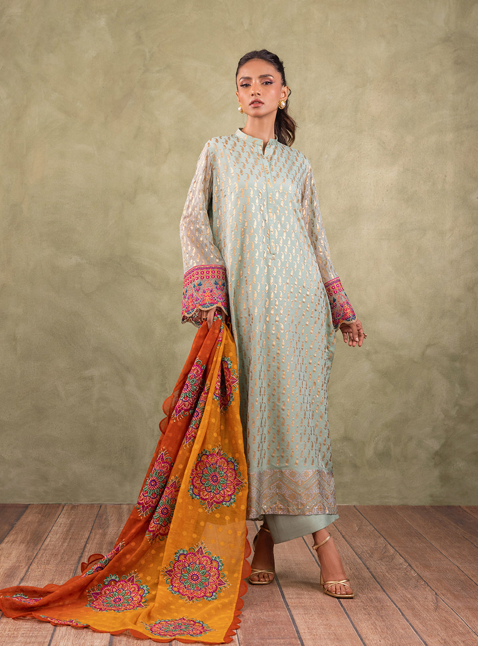 Pakistani Mint Green Block Printed Pure Chiffon Salwar Kameez (3-Piece) - Image 3