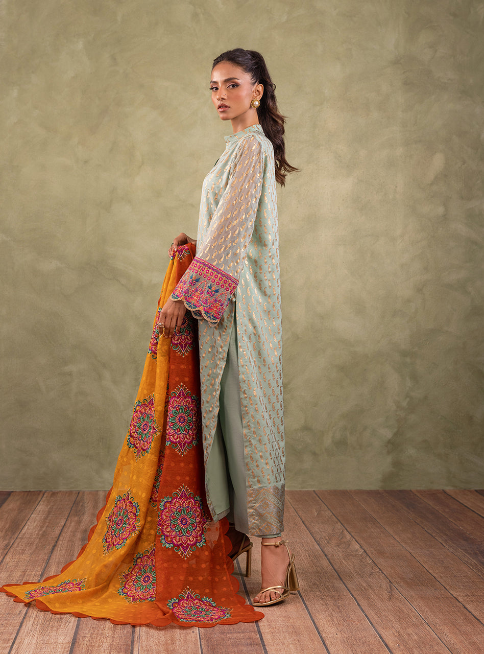 Pakistani Mint Green Block Printed Pure Chiffon Salwar Kameez (3-Piece) - Image 4