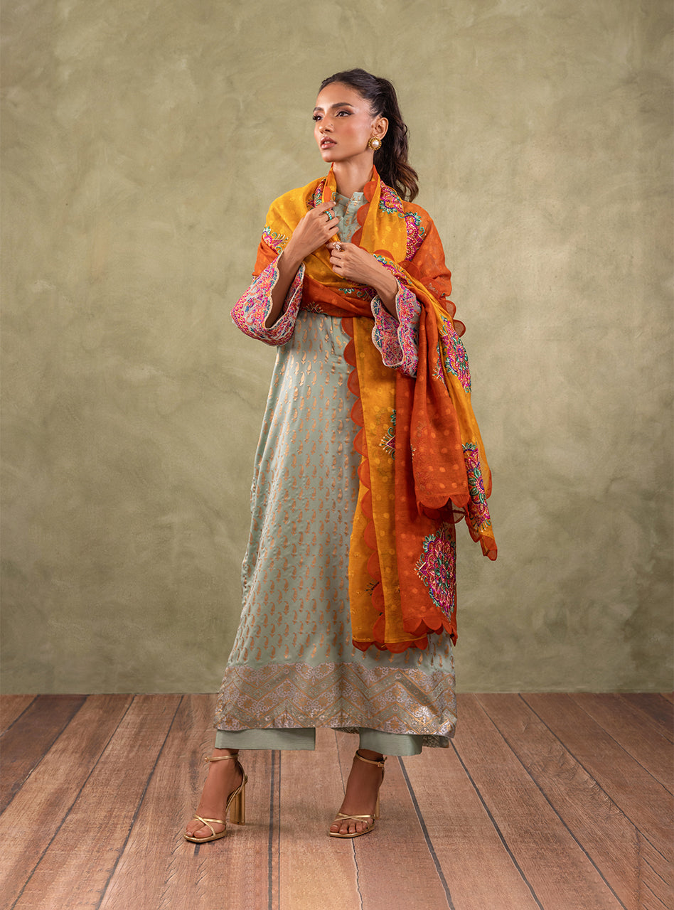 Pakistani Mint Green Block Printed Pure Chiffon Salwar Kameez (3-Piece) - Image 5