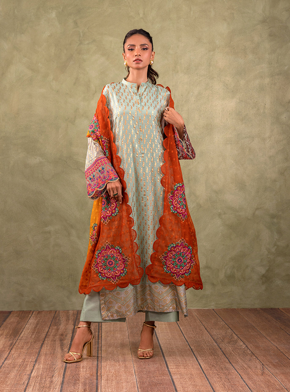 Pakistani Mint Green Block Printed Pure Chiffon Salwar Kameez (3-Piece) - Image 6