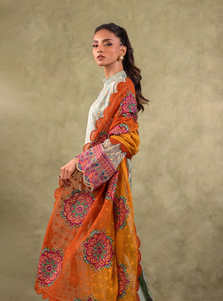 Pakistani Mint Green Block Printed Pure Chiffon Salwar Kameez (3-Piece) - Image 7