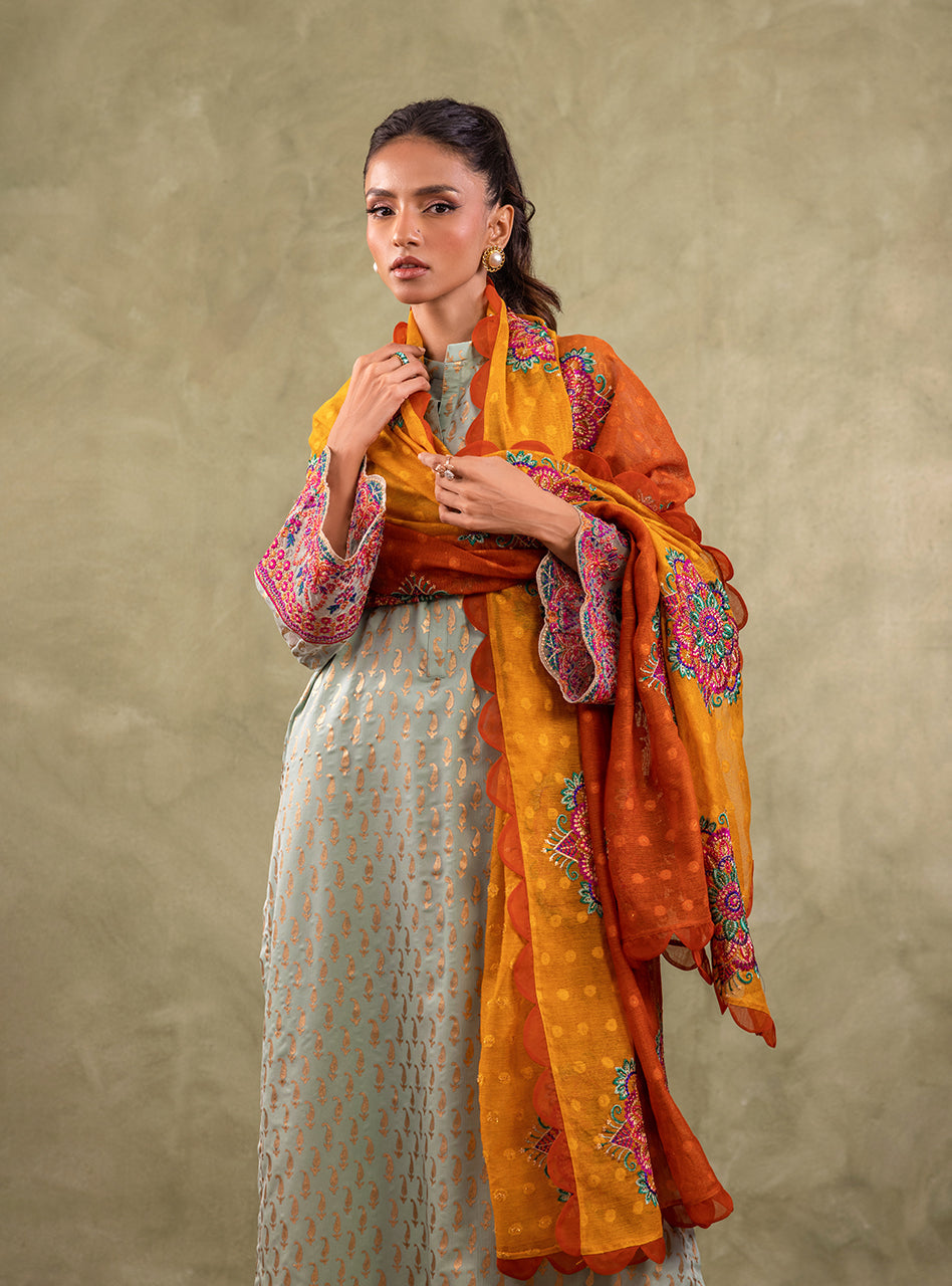 Pakistani Mint Green Block Printed Pure Chiffon Salwar Kameez (3-Piece) - Image 8