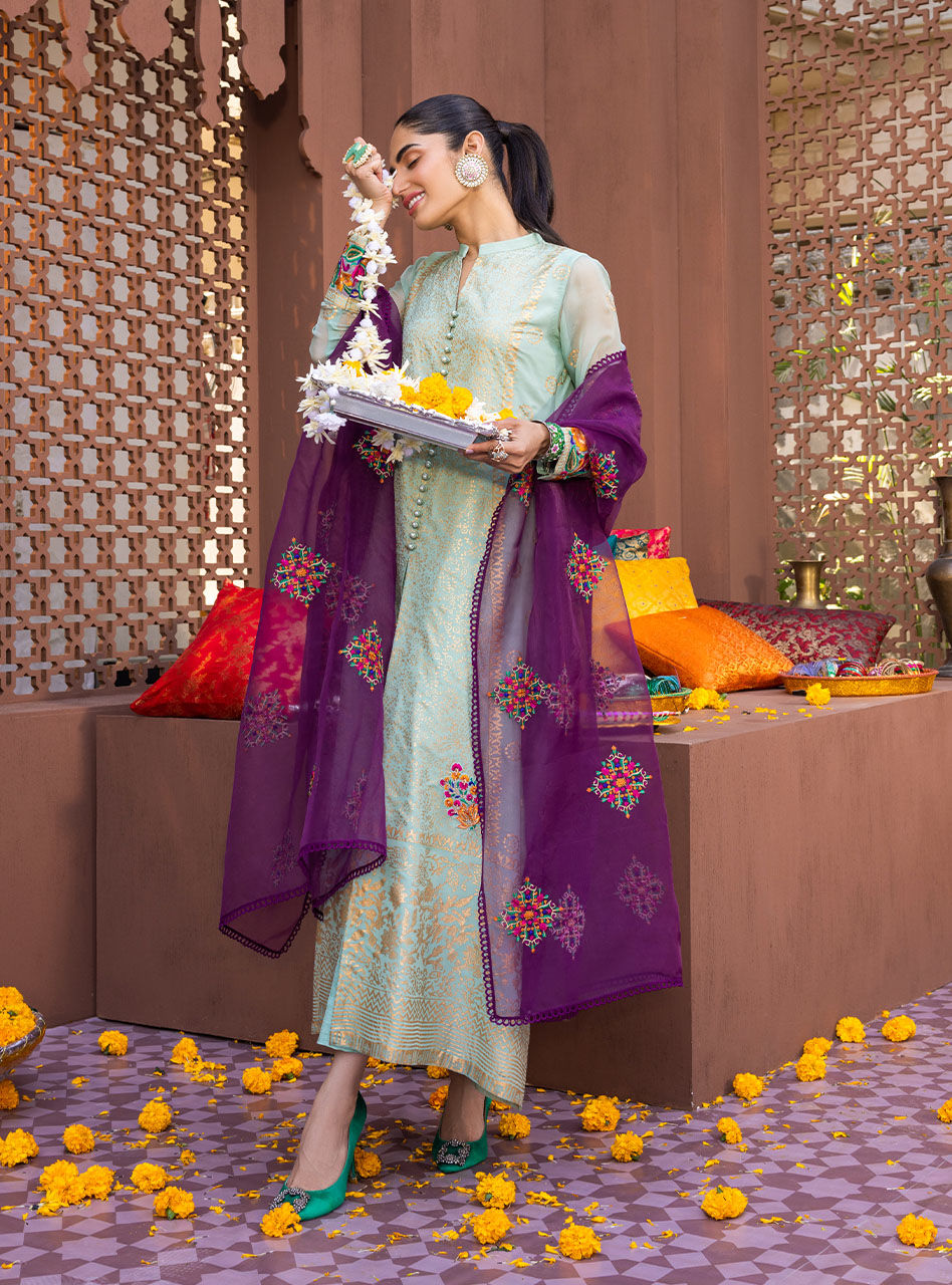 Pakistani Mint Block Printed Chiffon Organza Salwar Kameez (3-Piece) - Image 10