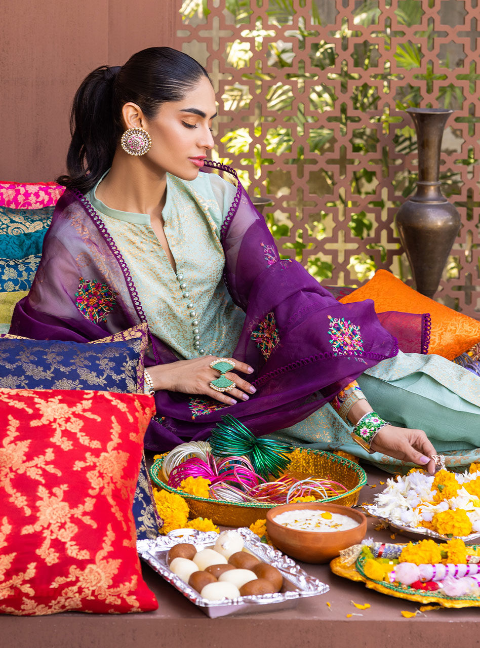 Pakistani Mint Block Printed Chiffon Organza Salwar Kameez (3-Piece) - Image 3