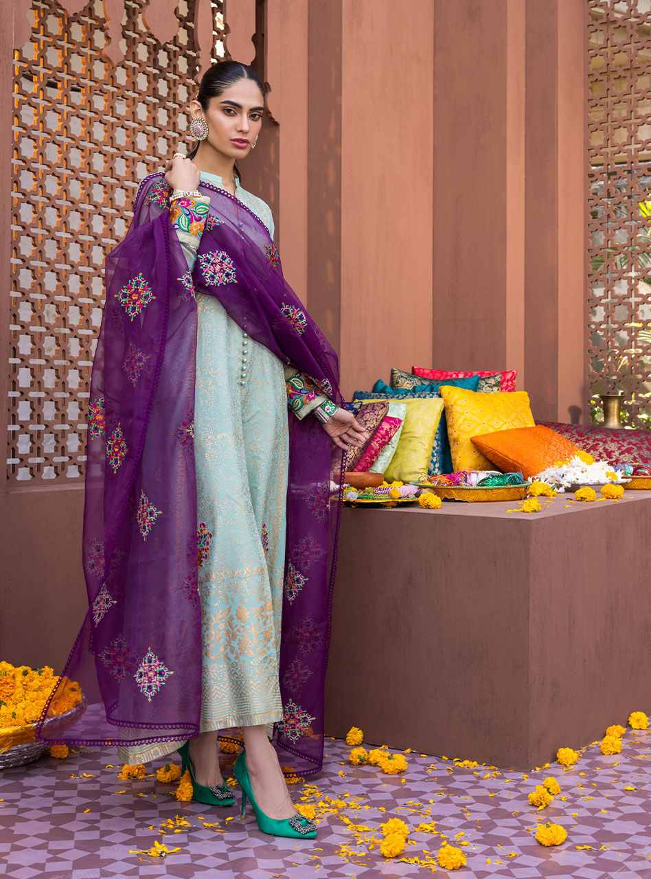 Pakistani Mint Block Printed Chiffon Organza Salwar Kameez (3-Piece) - Image 4