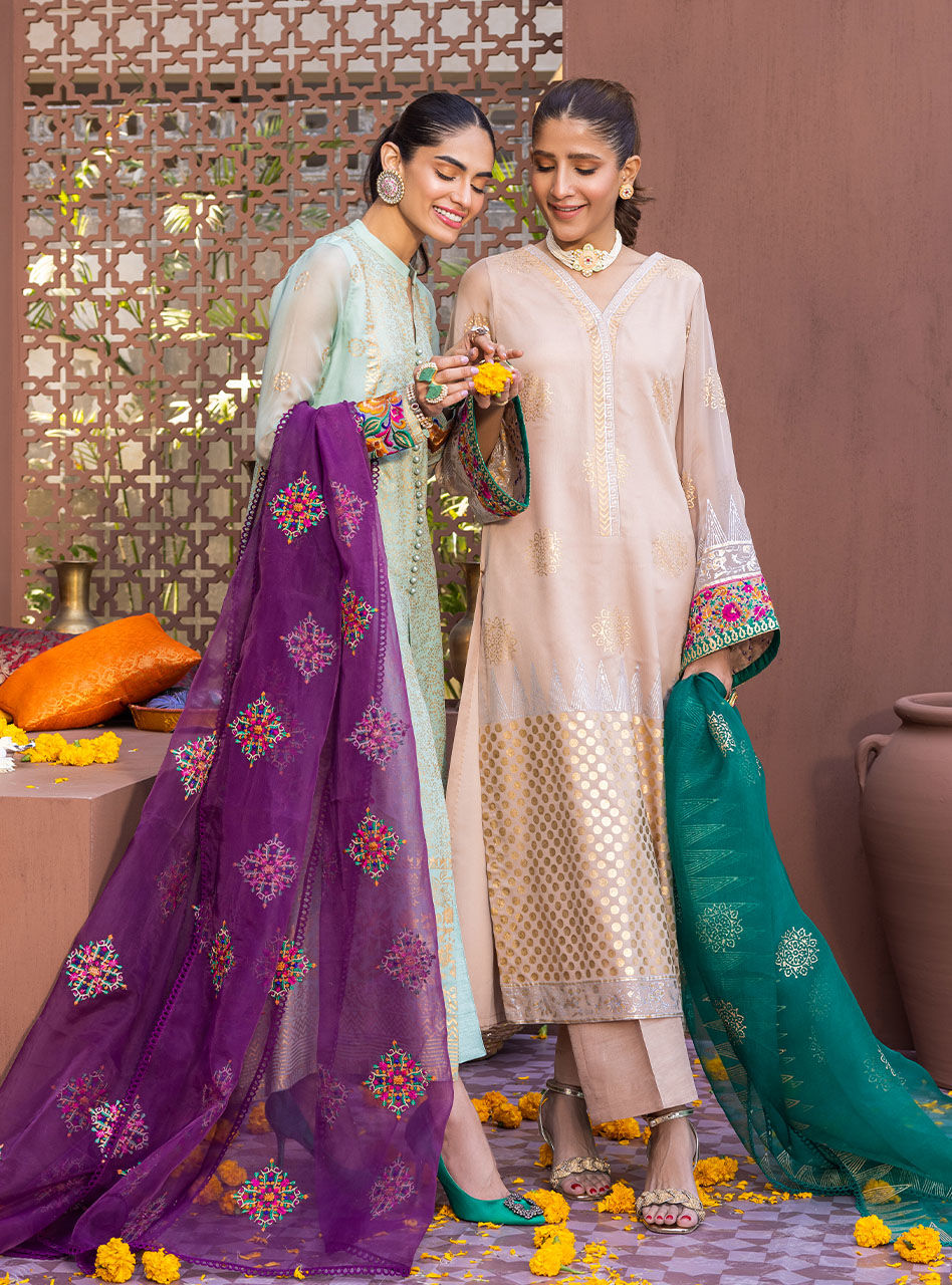 Pakistani Mint Block Printed Chiffon Organza Salwar Kameez (3-Piece) - Image 5