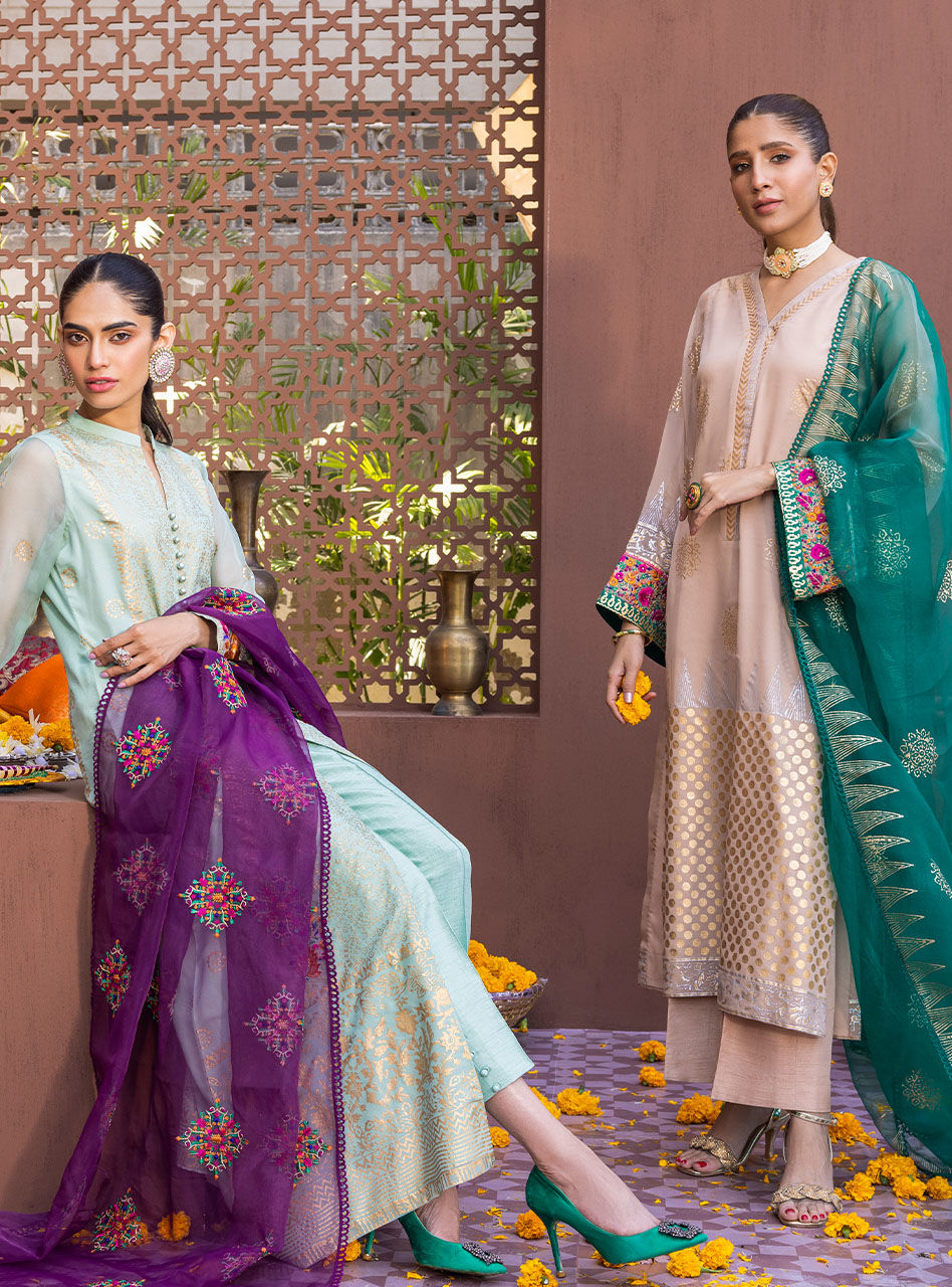 Pakistani Mint Block Printed Chiffon Organza Salwar Kameez (3-Piece) - Image 7