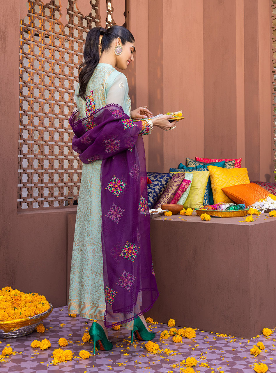 Pakistani Mint Block Printed Chiffon Organza Salwar Kameez (3-Piece) - Image 8