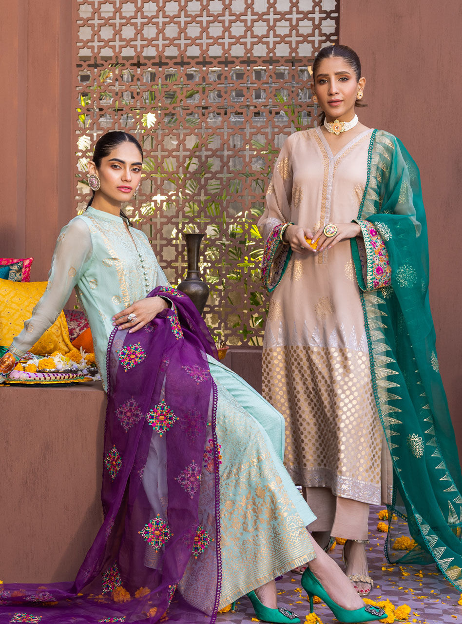 Pakistani Mint Block Printed Chiffon Organza Salwar Kameez (3-Piece) - Image 9