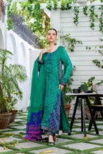 Green & Blue Block Printed Chiffon Charmeuse Kurta (3-Piece) - Image 2