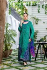 Green & Blue Block Printed Chiffon Charmeuse Kurta (3-Piece) - Image 3