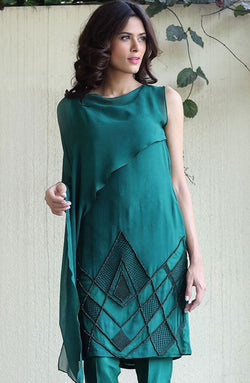 Emerald Green Crystal-Embellished Chiffon Salwar Kameez (2-Piece) - Image 1
