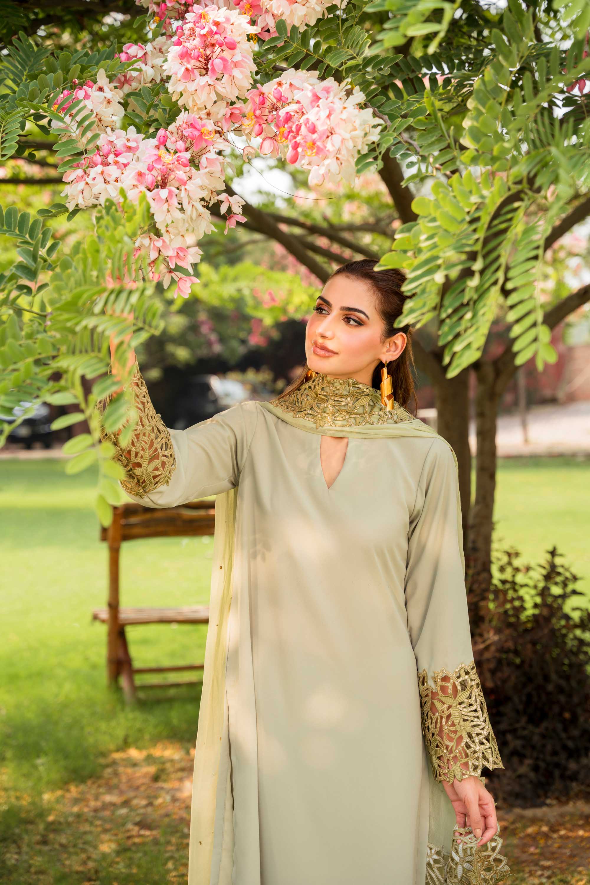 Pakistani Tea Green Cutwork Embroidered 3-Piece Salwar Kameez - Image 6