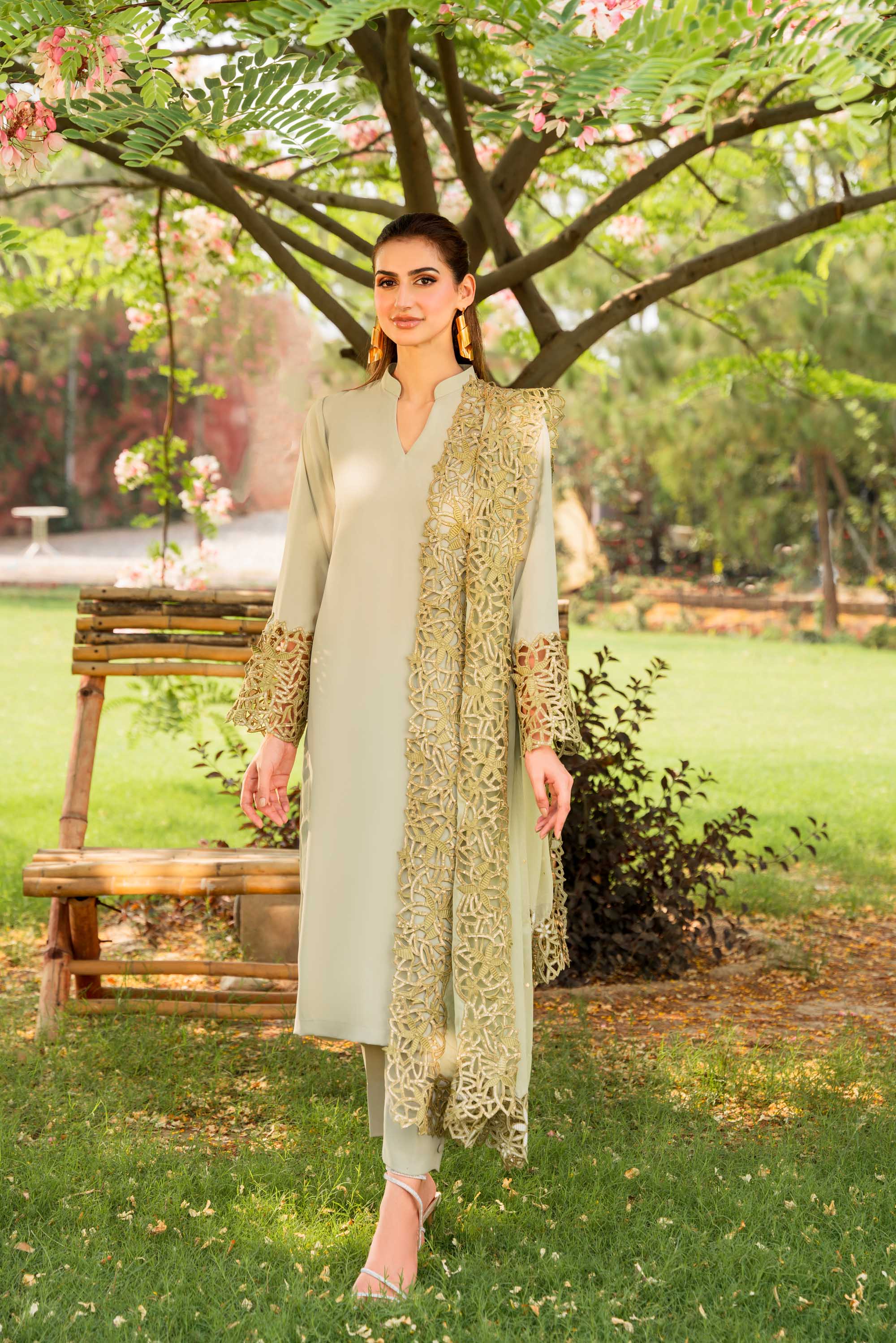 Pakistani Tea Green Cutwork Embroidered 3-Piece Salwar Kameez - Image 7