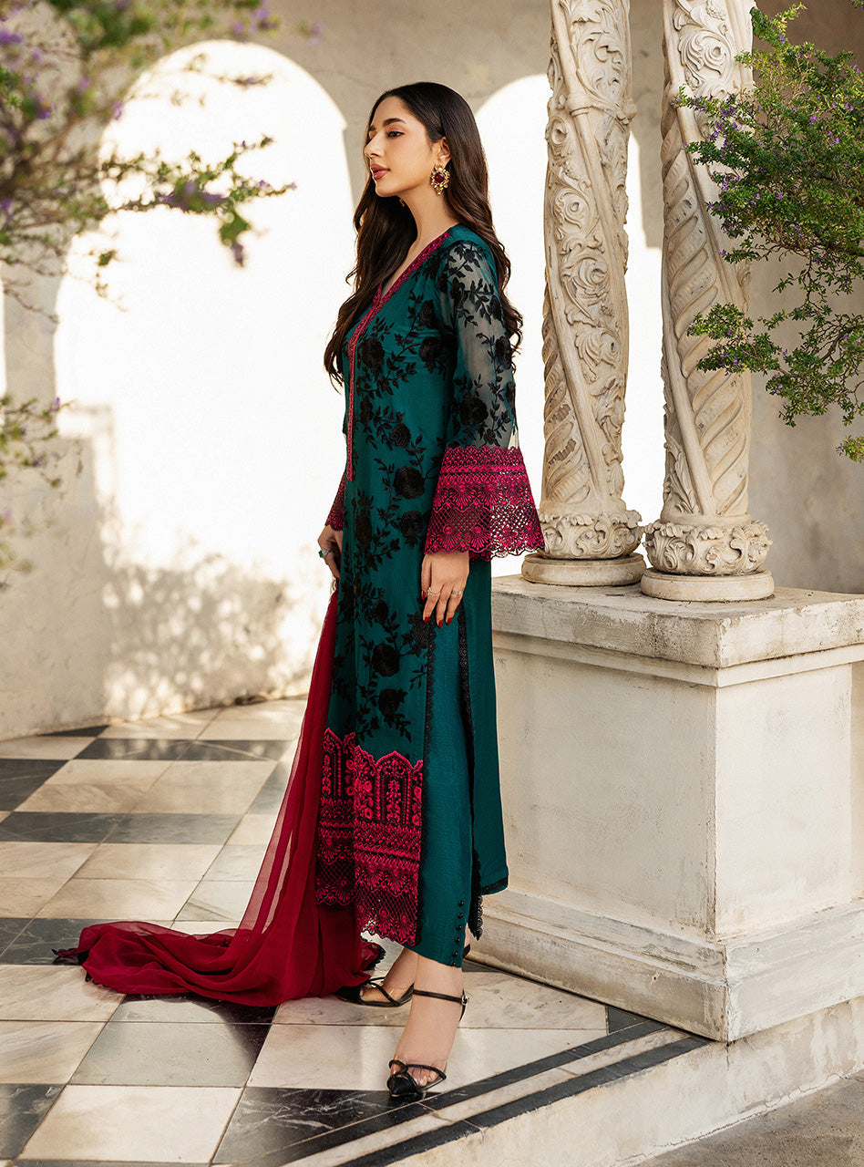 Pakistani Emerald Green Embroidered Chiffon Salwar Kameez (3-Piece) - Image 4