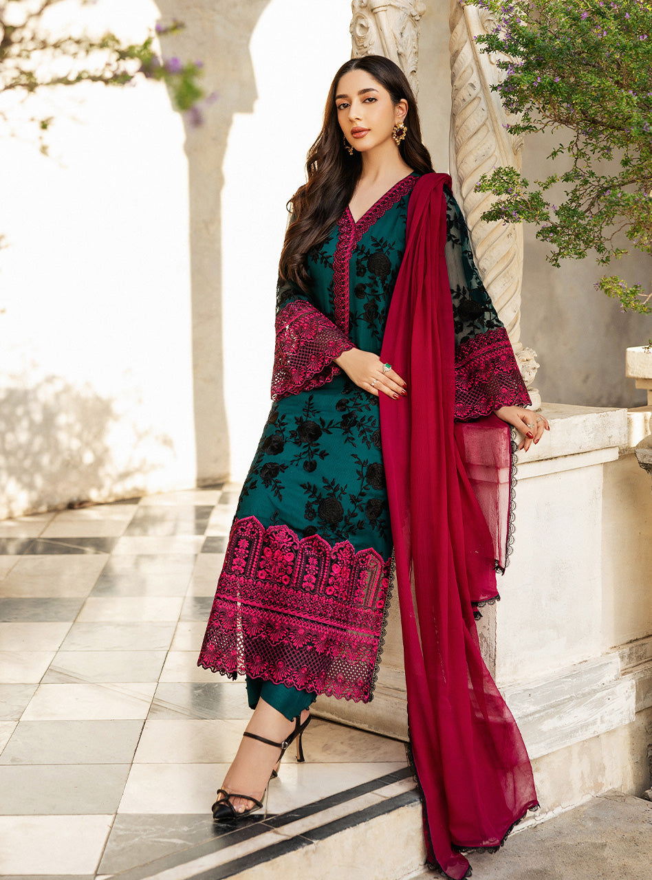 Pakistani Emerald Green Embroidered Chiffon Salwar Kameez (3-Piece) - Image 5