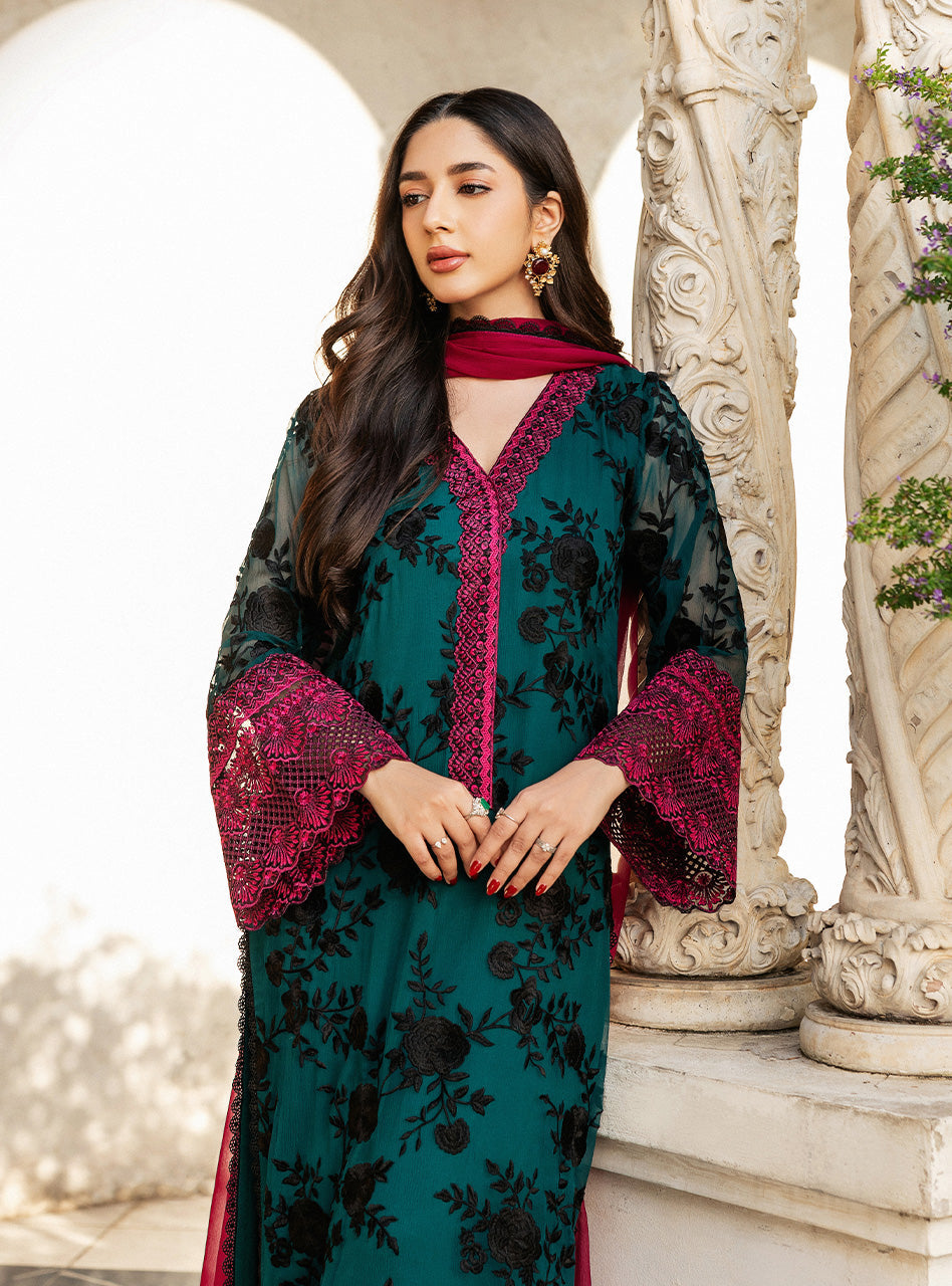 Pakistani Emerald Green Embroidered Chiffon Salwar Kameez (3-Piece) - Image 6