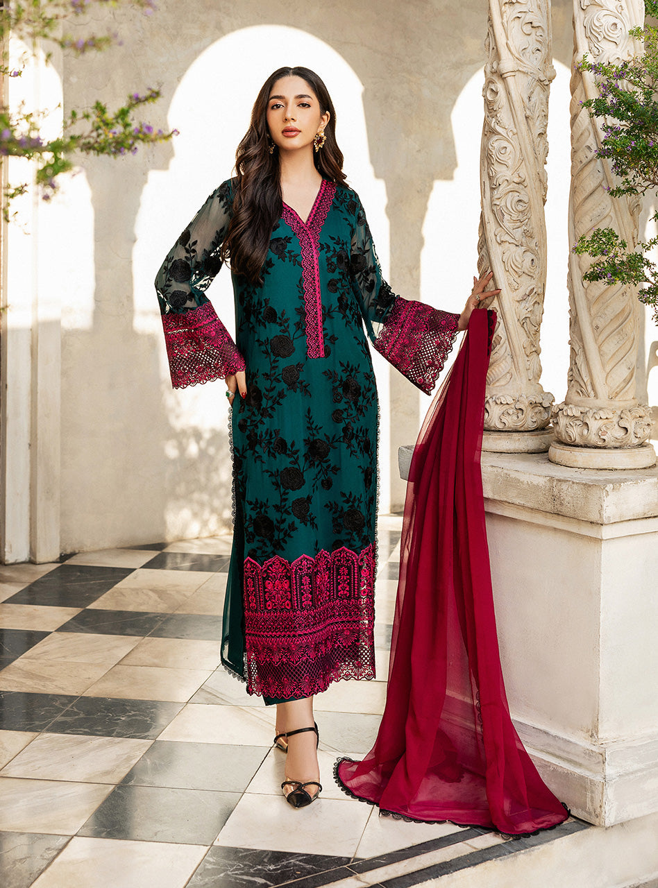 Pakistani Emerald Green Embroidered Chiffon Salwar Kameez (3-Piece) - Image 2