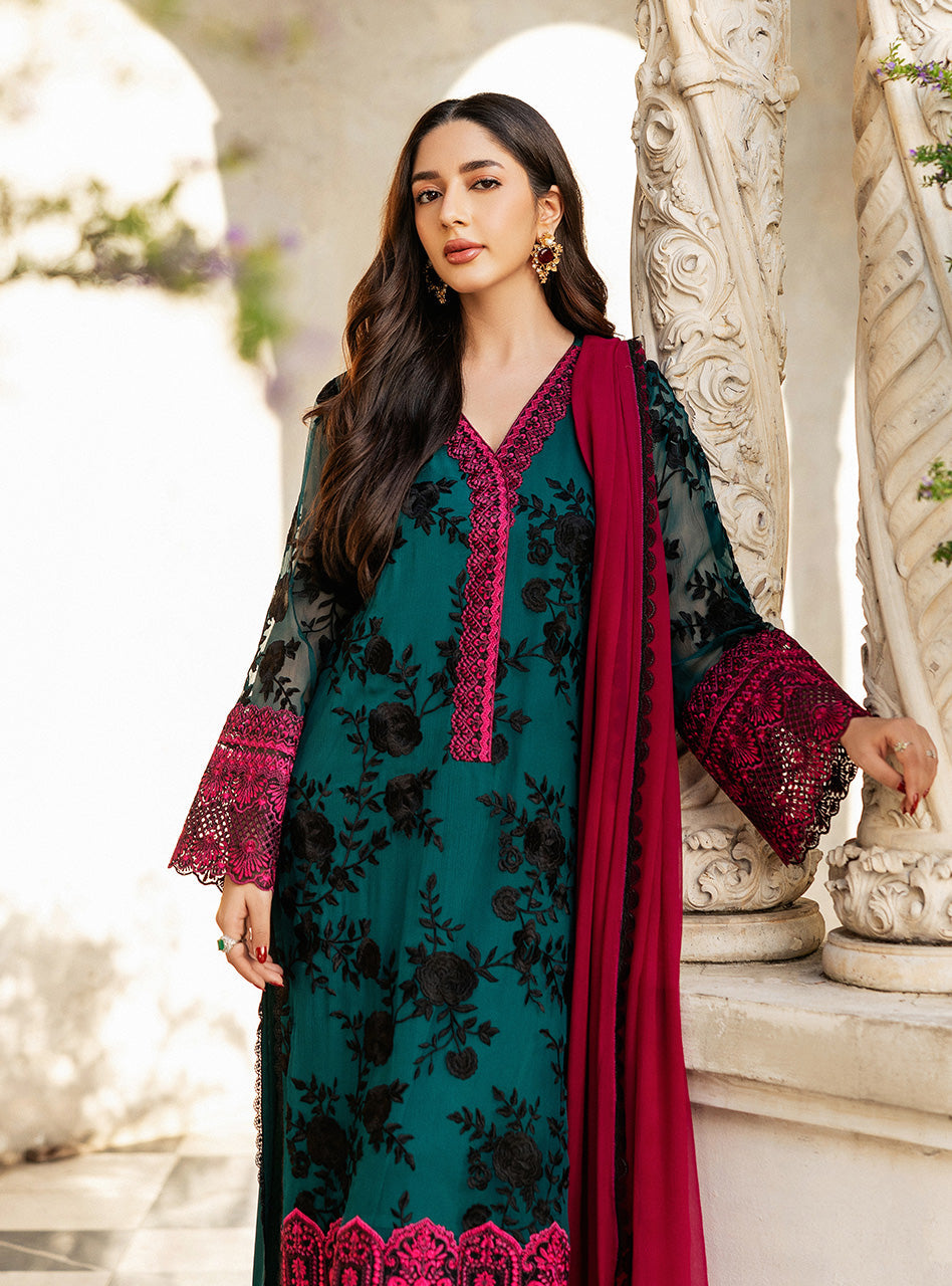 Pakistani Emerald Green Embroidered Chiffon Salwar Kameez (3-Piece) - Image 3