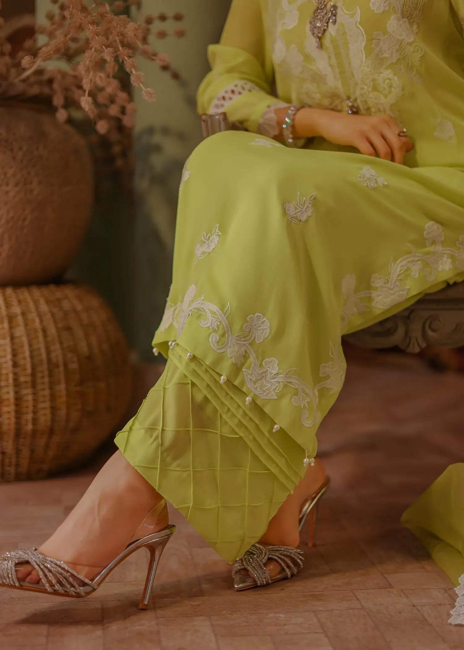 Lime Green Embroidered Chiffon Kurta Set (3-Piece) - Image 2