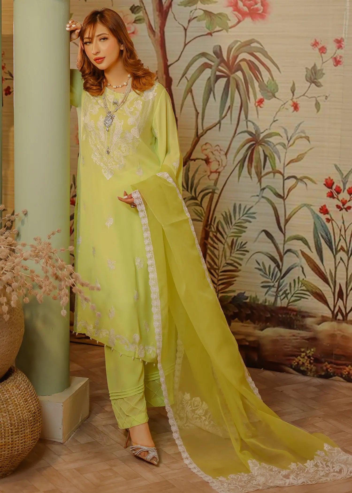 Lime Green Embroidered Chiffon Kurta Set (3-Piece) - Image 4