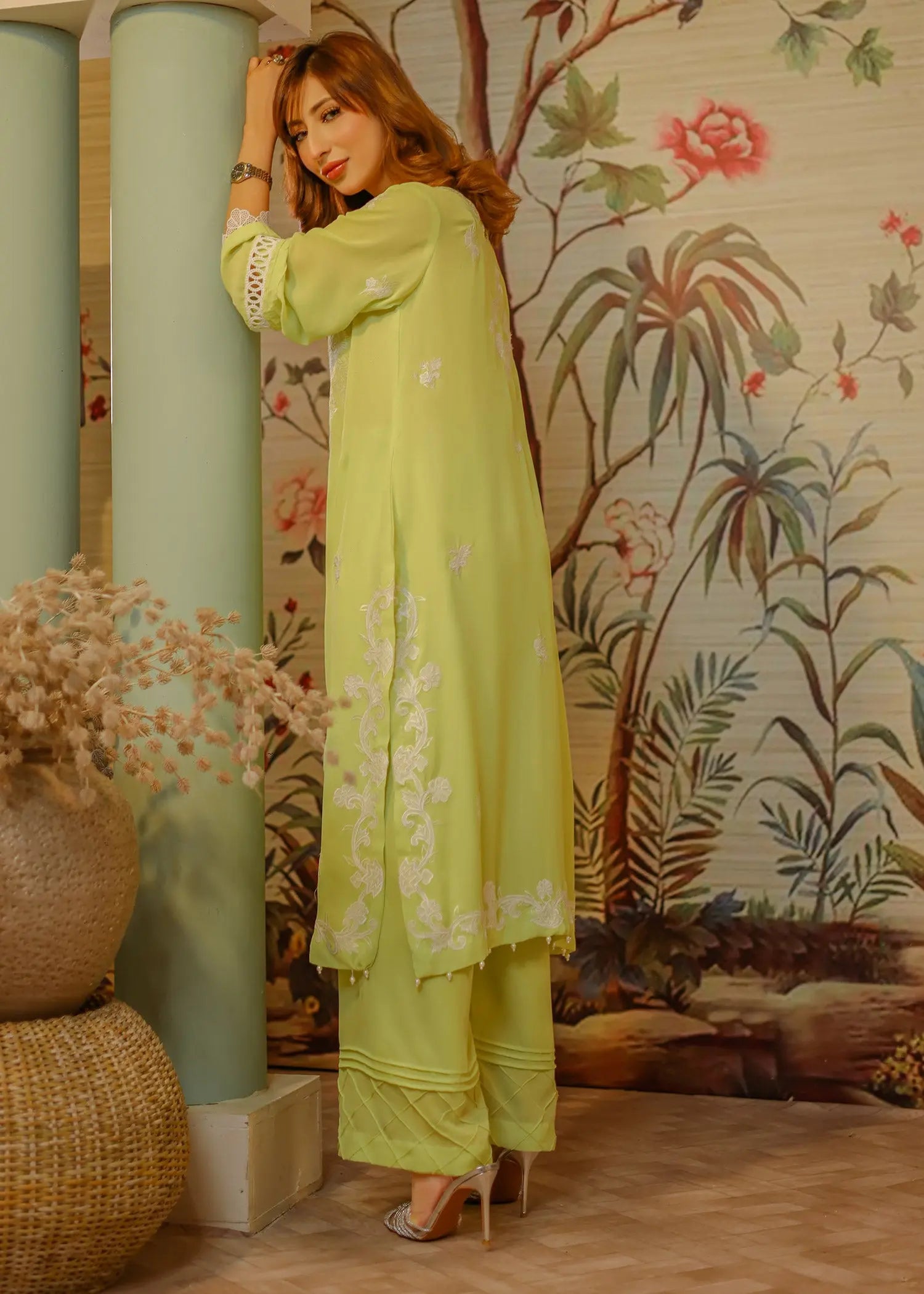 Lime Green Embroidered Chiffon Kurta Set (3-Piece) - Image 5