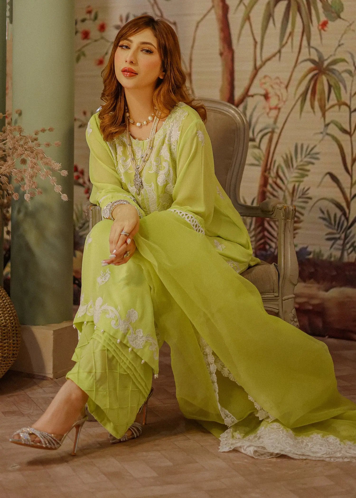 Lime Green Embroidered Chiffon Kurta Set (3-Piece) - Image 6