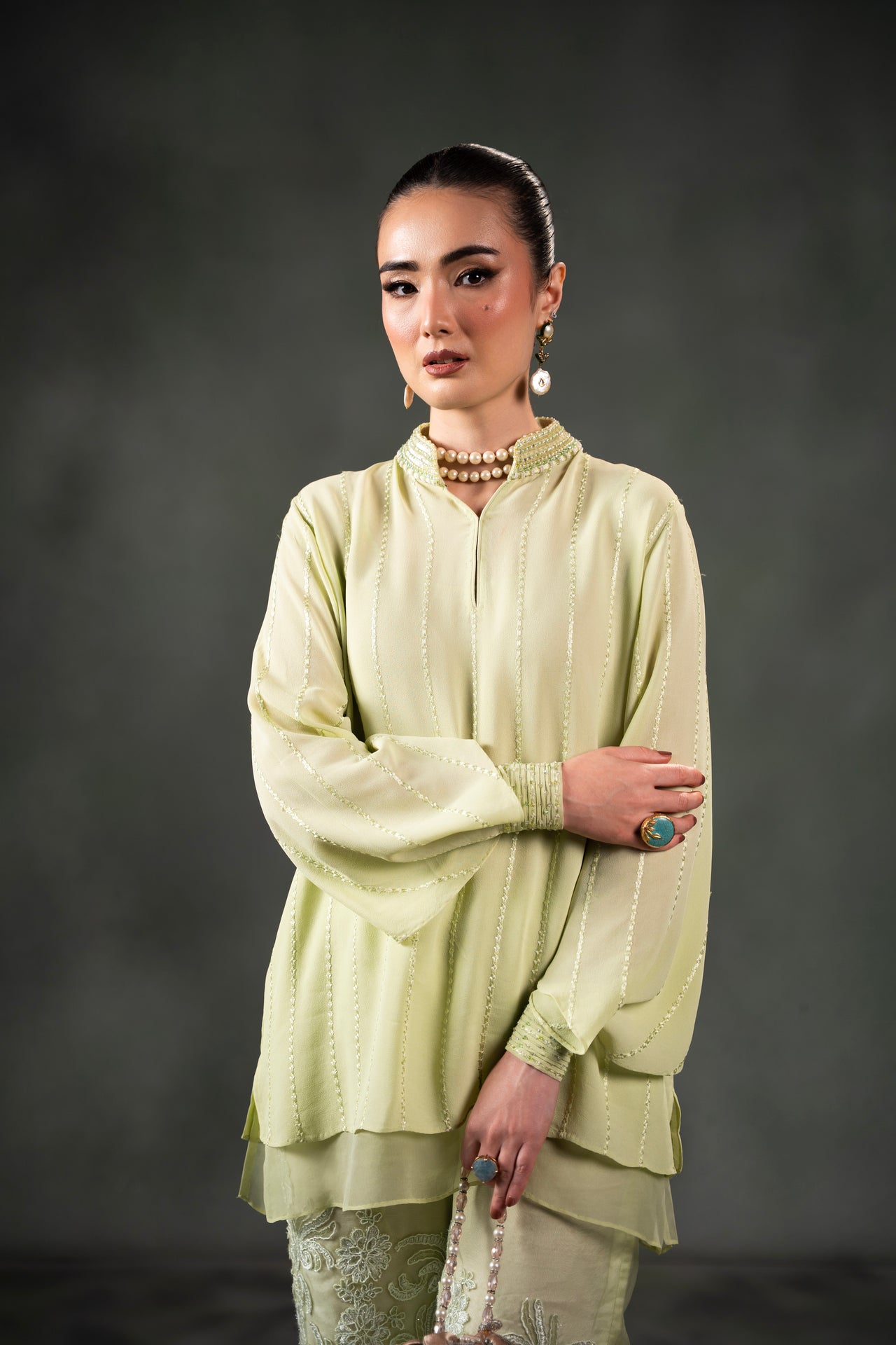 Pakistani Pistachio Embellished Chiffon Long Shirt with Embroidered Trousers (2-Piece) - Image 1