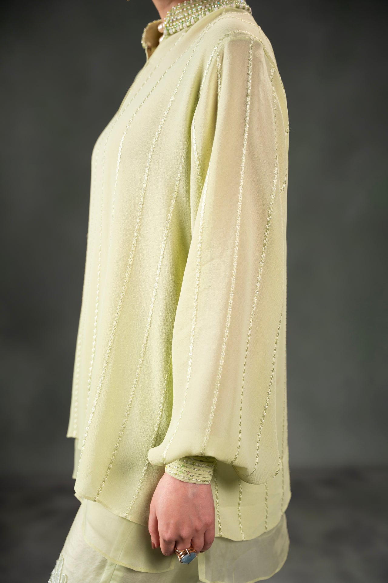 Pakistani Pistachio Embellished Chiffon Long Shirt with Embroidered Trousers (2-Piece) - Image 2