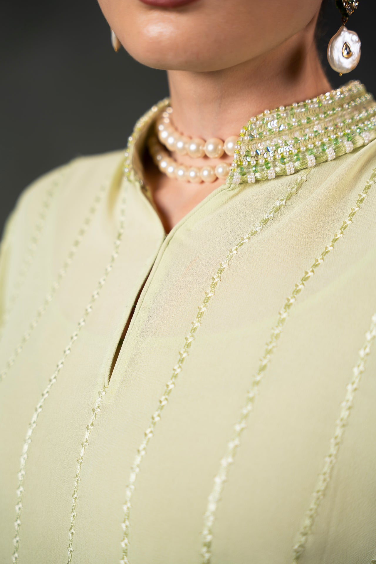 Pakistani Pistachio Embellished Chiffon Long Shirt with Embroidered Trousers (2-Piece) - Image 3