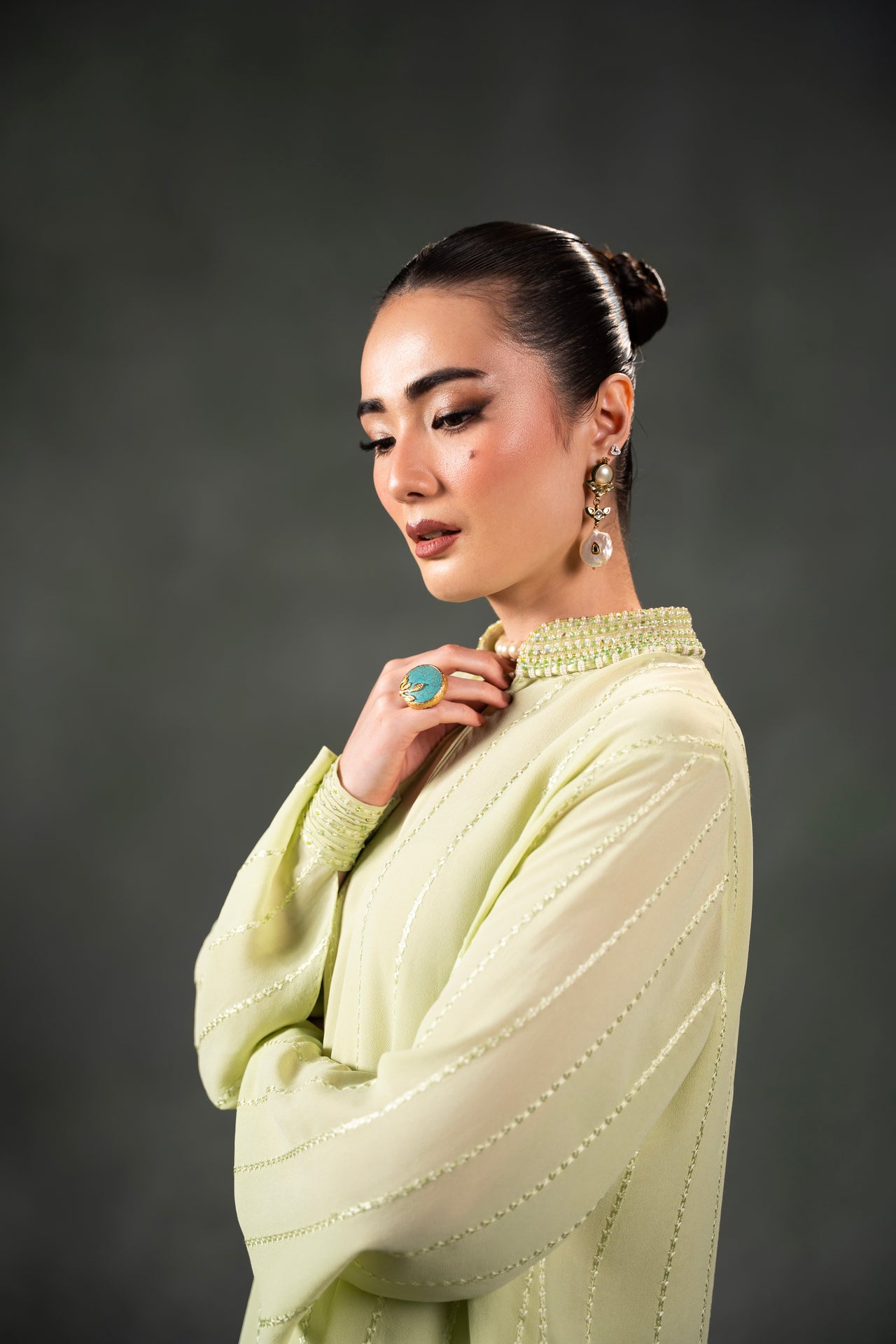 Pakistani Pistachio Embellished Chiffon Long Shirt with Embroidered Trousers (2-Piece) - Image 4
