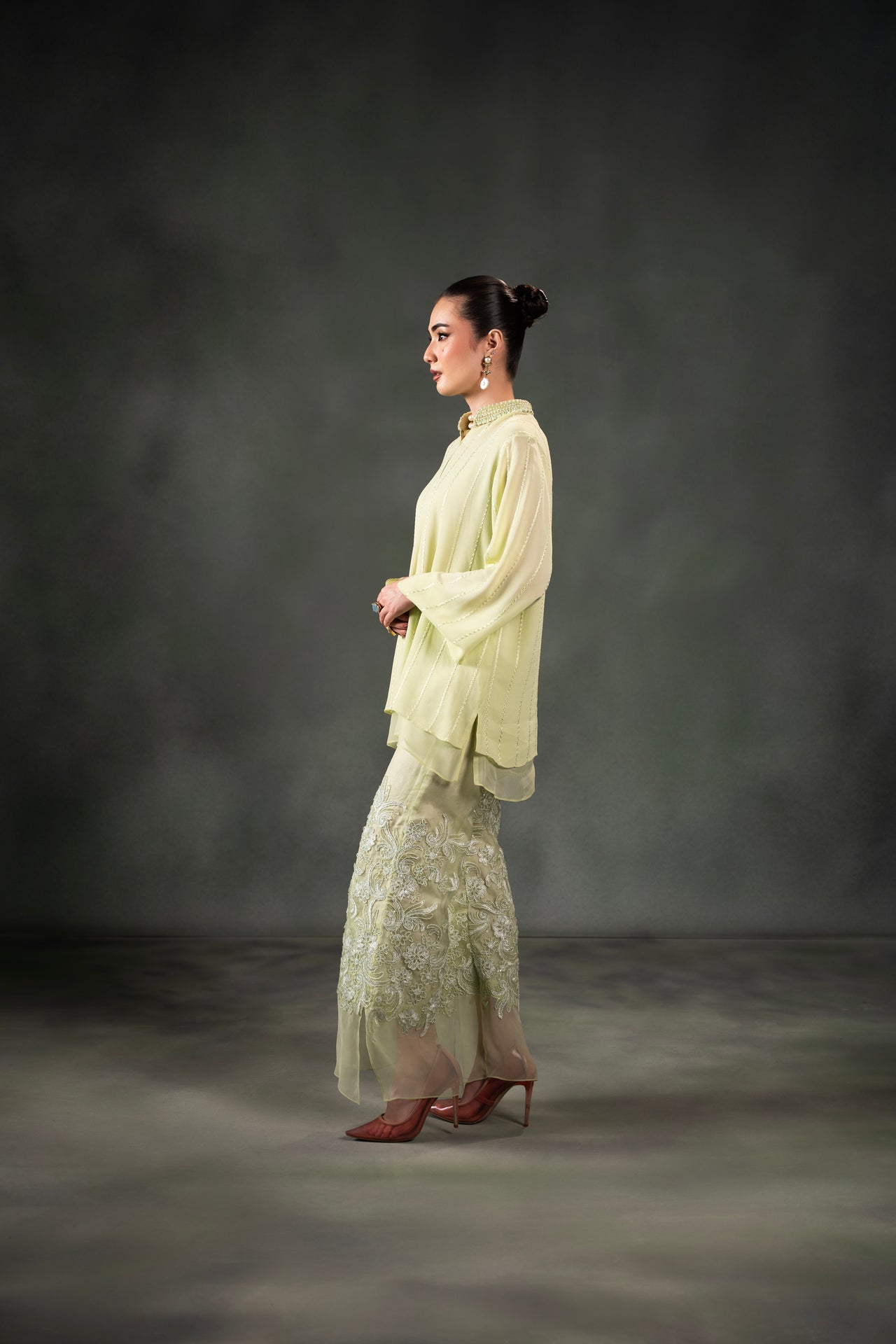 Pakistani Pistachio Embellished Chiffon Long Shirt with Embroidered Trousers (2-Piece) - Image 6
