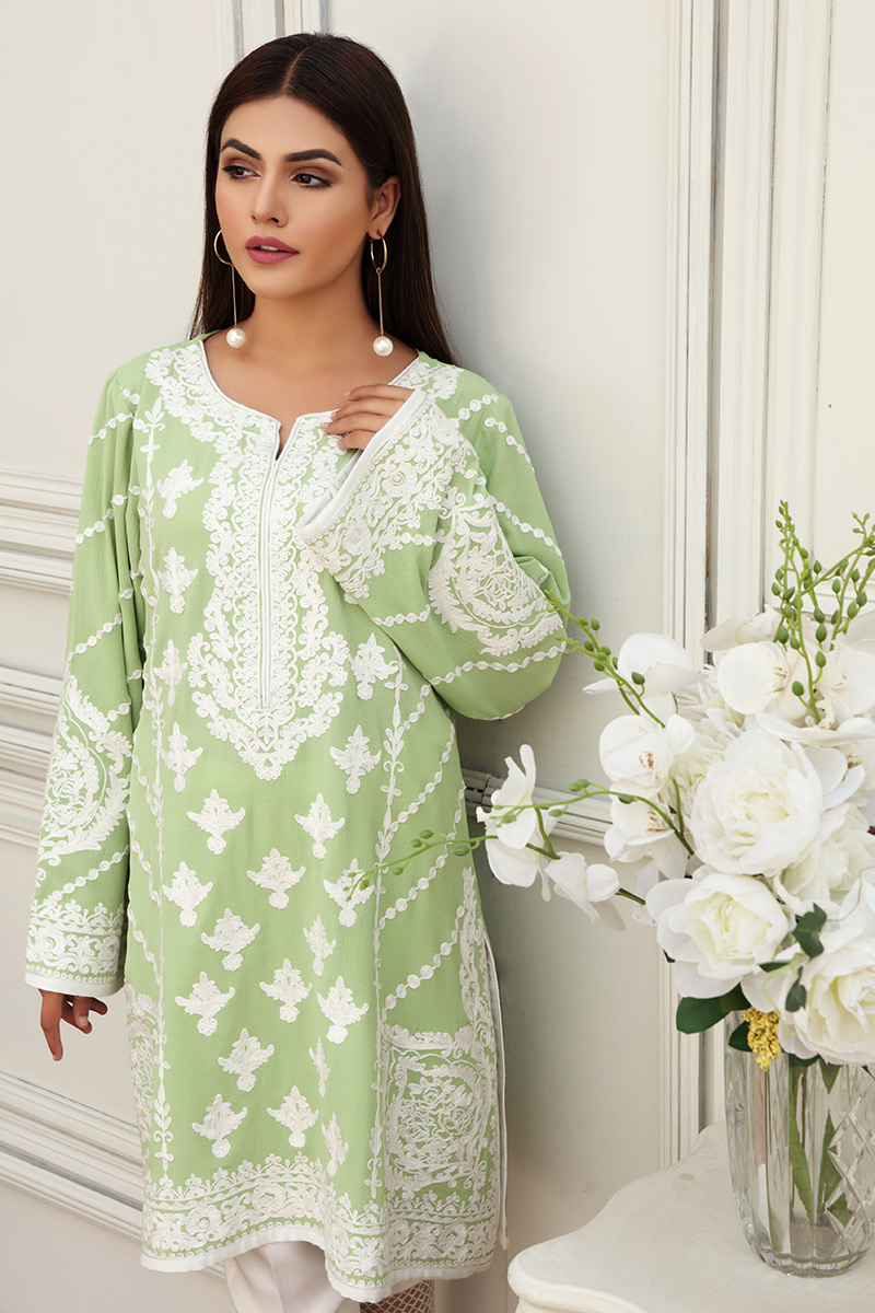 Pakistani Pistachio Green Kashmiri Embroidered Chiffon Salwar Kameez (2-Piece) - Image 2