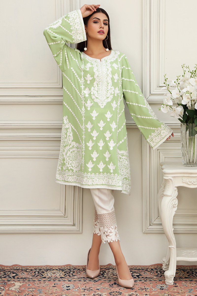 Pakistani Pistachio Green Kashmiri Embroidered Chiffon Salwar Kameez (2-Piece) - Image 3