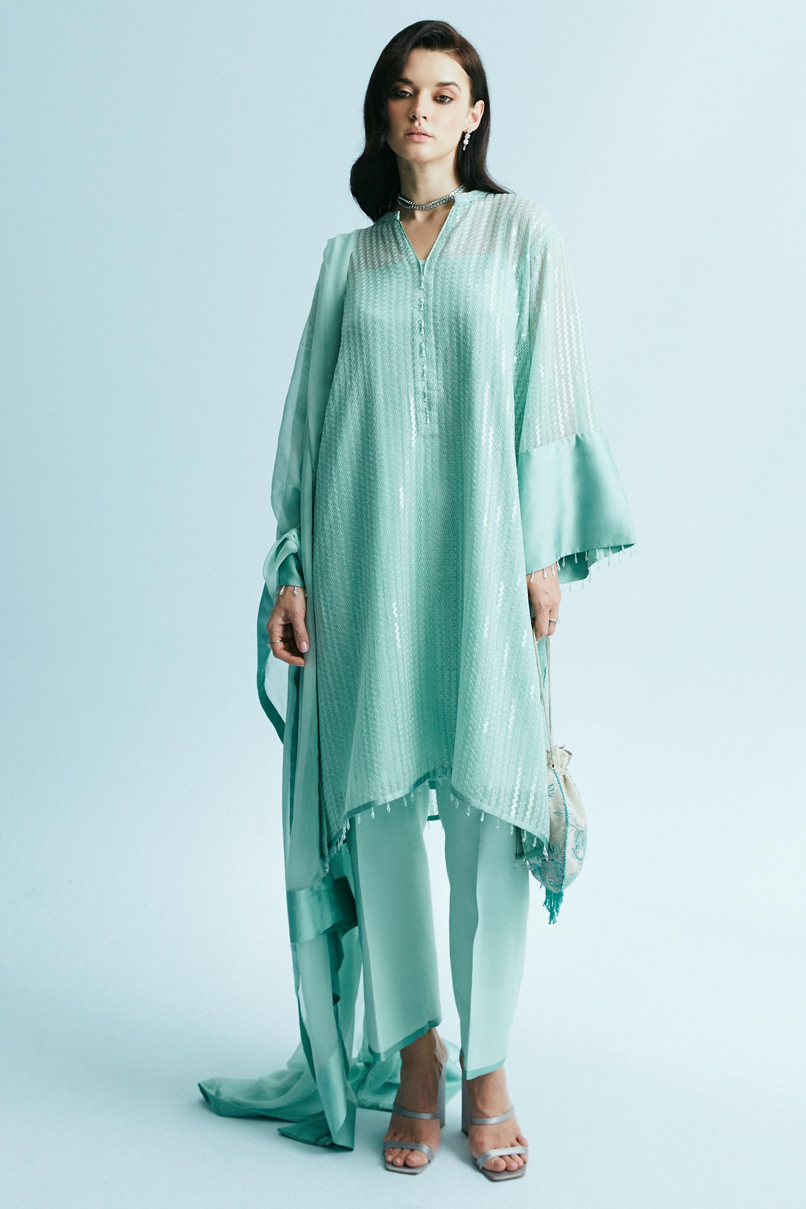 Pakistani Seafoam Sequin-Embroidered Chiffon Georgette Salwar Kameez (3-Piece) - Image 1