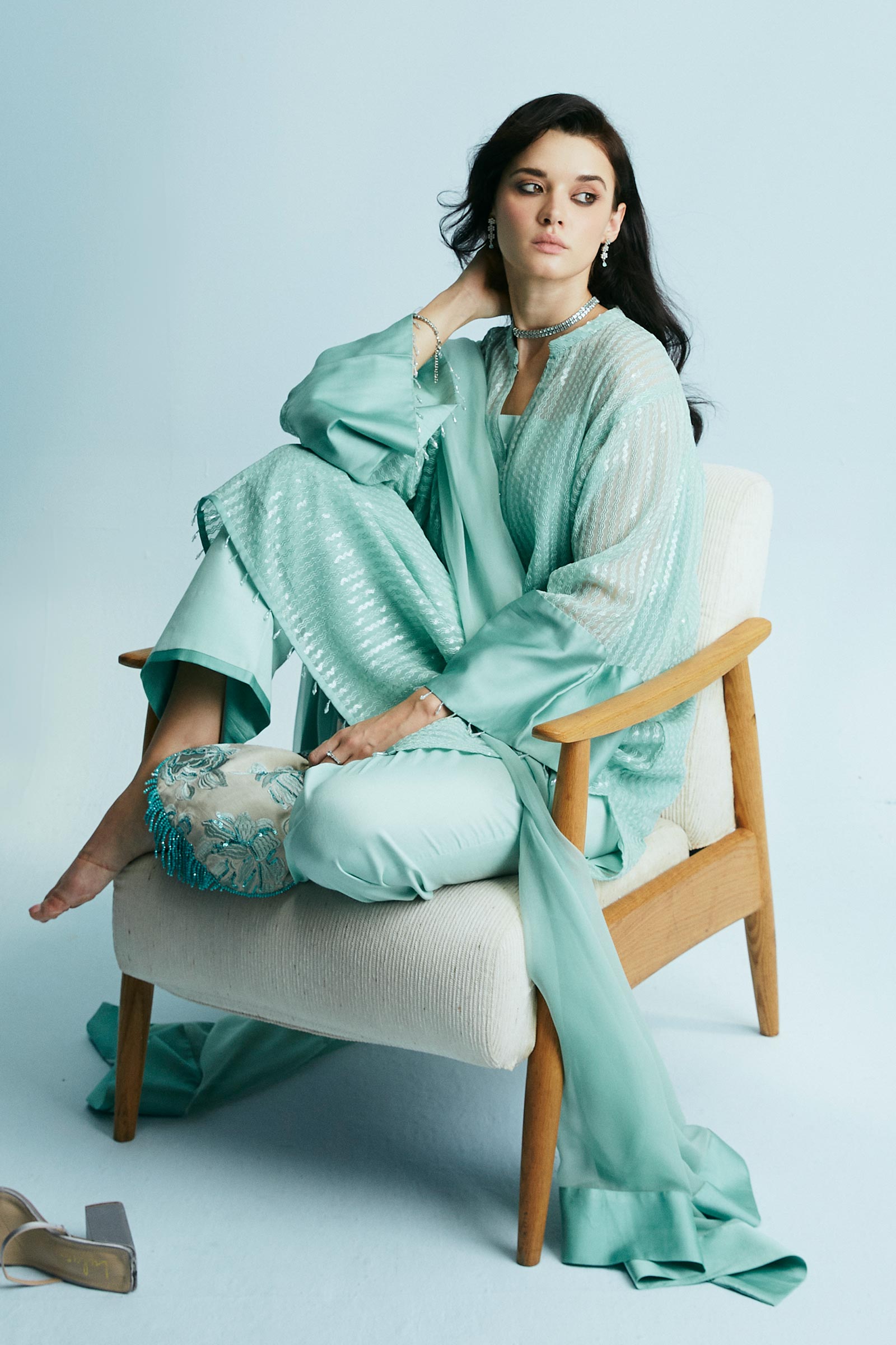 Pakistani Seafoam Sequin-Embroidered Chiffon Georgette Salwar Kameez (3-Piece) - Image 2