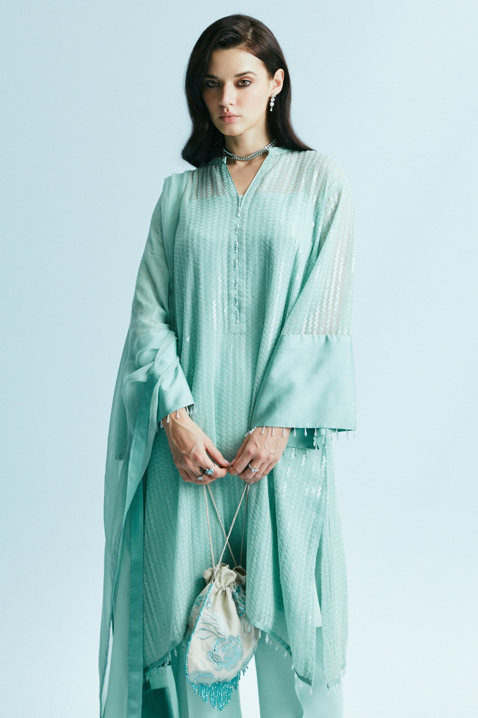 Pakistani Seafoam Sequin-Embroidered Chiffon Georgette Salwar Kameez (3-Piece) - Image 3