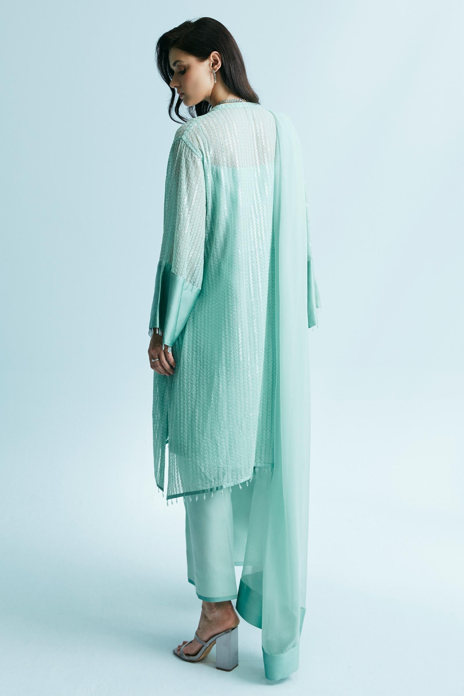 Pakistani Seafoam Sequin-Embroidered Chiffon Georgette Salwar Kameez (3-Piece) - Image 4