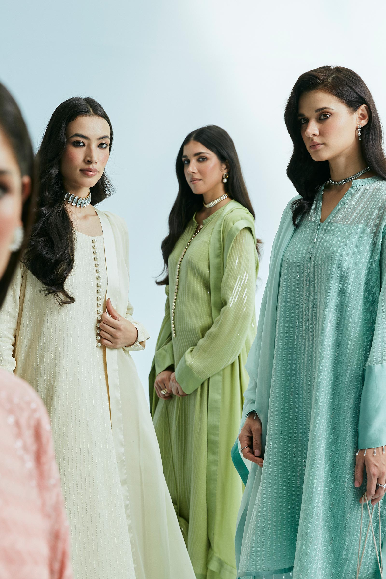 Pakistani Seafoam Sequin-Embroidered Chiffon Georgette Salwar Kameez (3-Piece) - Image 6