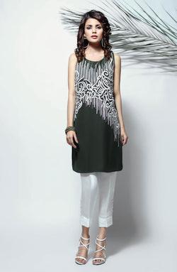 Pakistani Forest Green Embroidered Chiffon-Georgette Tunic (1-Pc) - Image 1