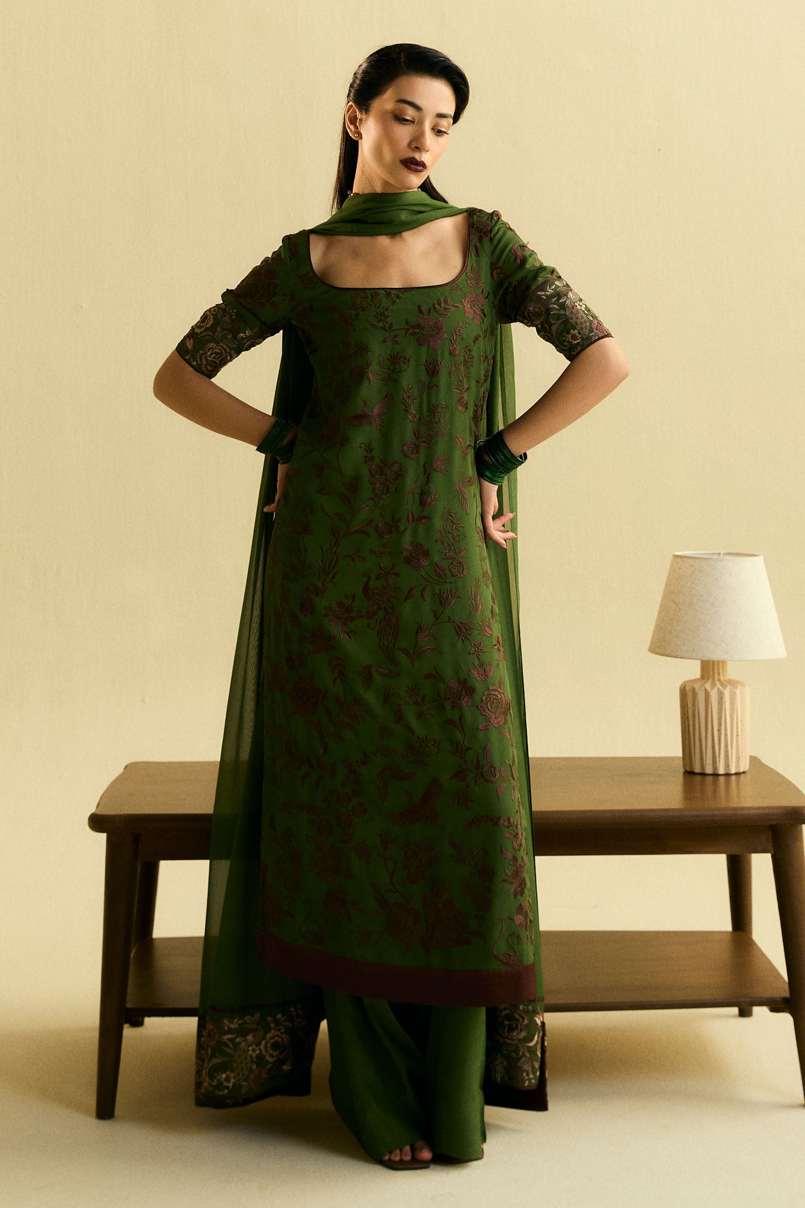 Pakistani Moss Green Embroidered Chiffon Georgette Salwar Kameez (3-Piece) - Image 1