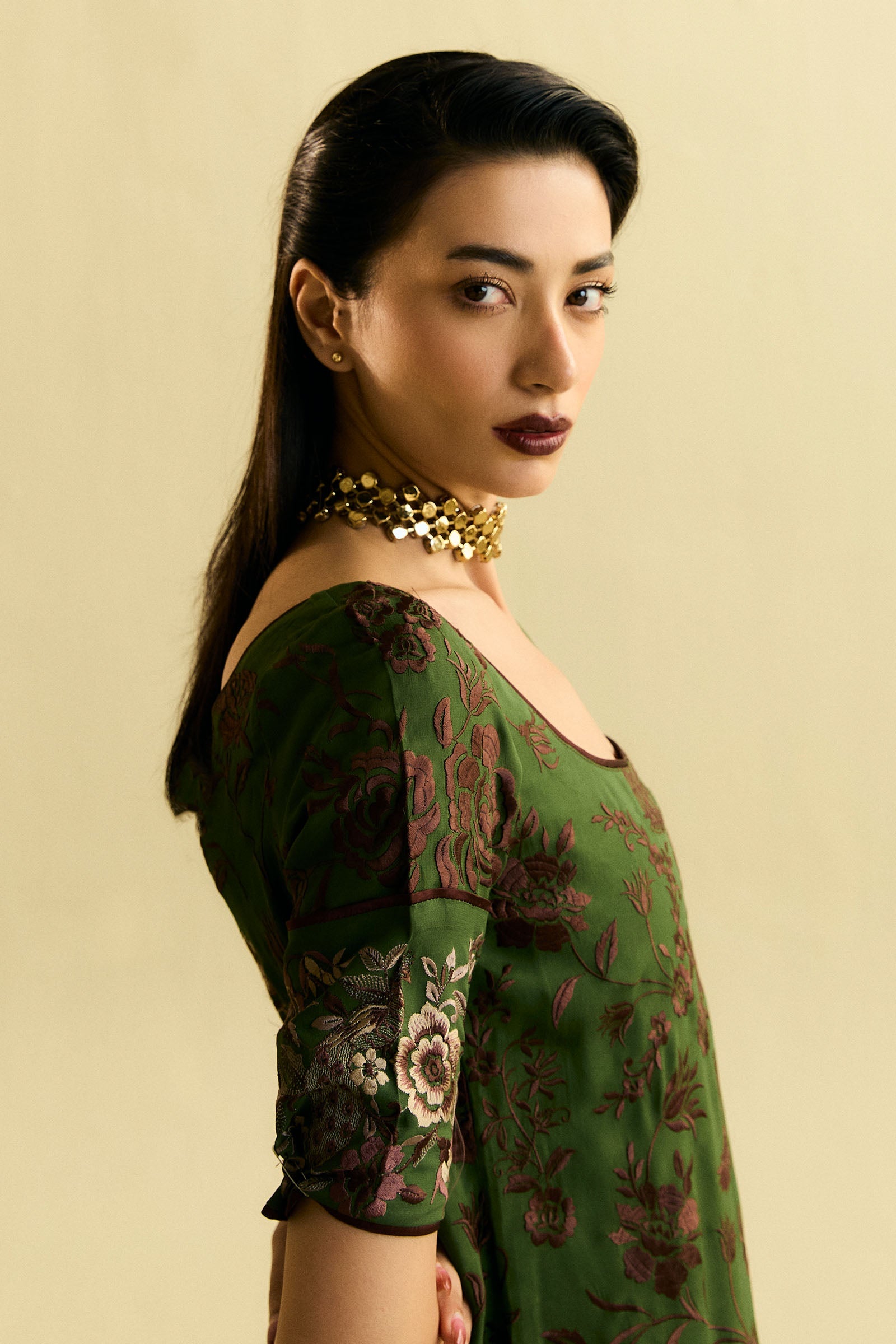 Pakistani Moss Green Embroidered Chiffon Georgette Salwar Kameez (3-Piece) - Image 2