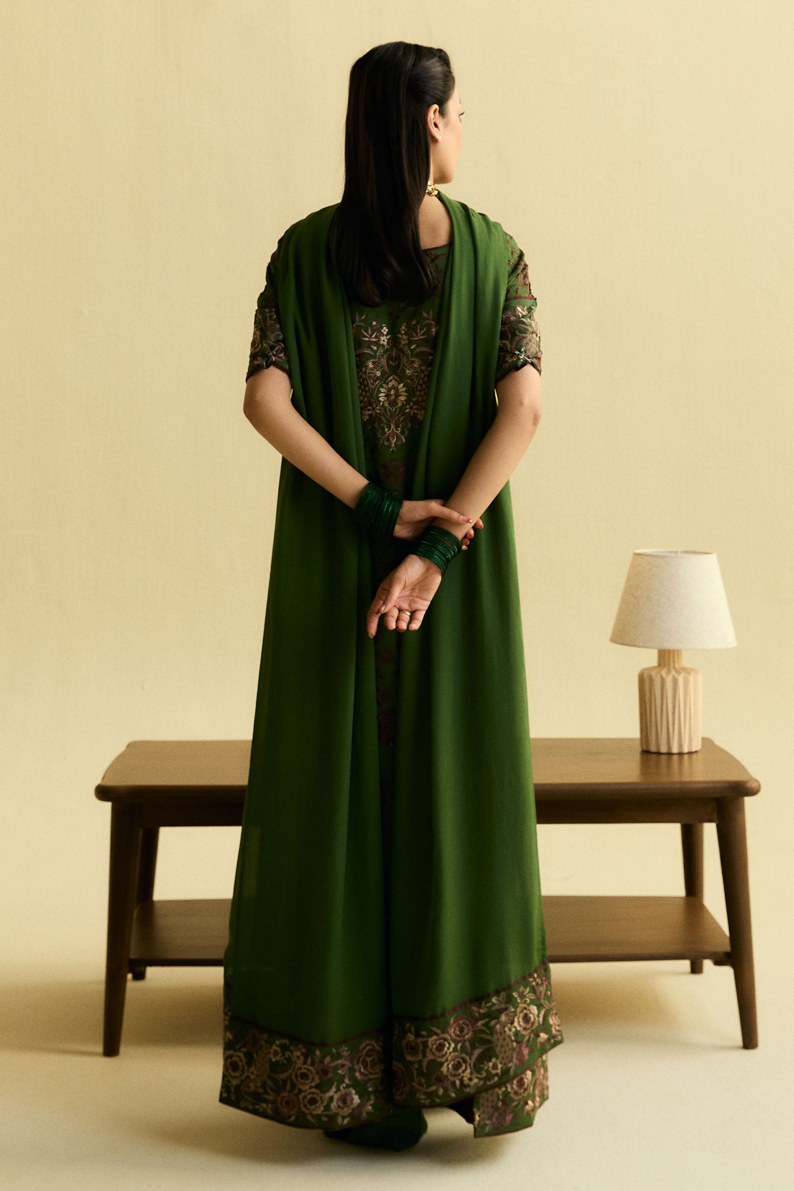 Pakistani Moss Green Embroidered Chiffon Georgette Salwar Kameez (3-Piece) - Image 4
