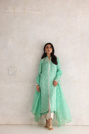 Pakistani Mint Green Embroidered Chiffon-Georgette Salwar Kameez (3-Piece) - Image 1