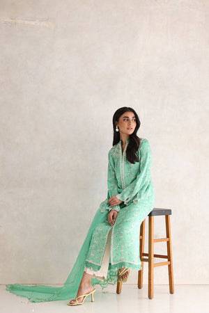 Pakistani Mint Green Embroidered Chiffon-Georgette Salwar Kameez (3-Piece) - Image 6