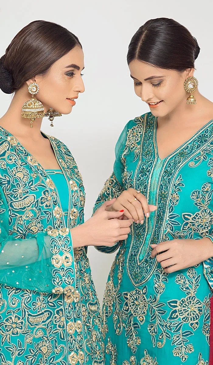 Teal Embroidered Chiffon Long Kurta (1-Pc) - Image 1