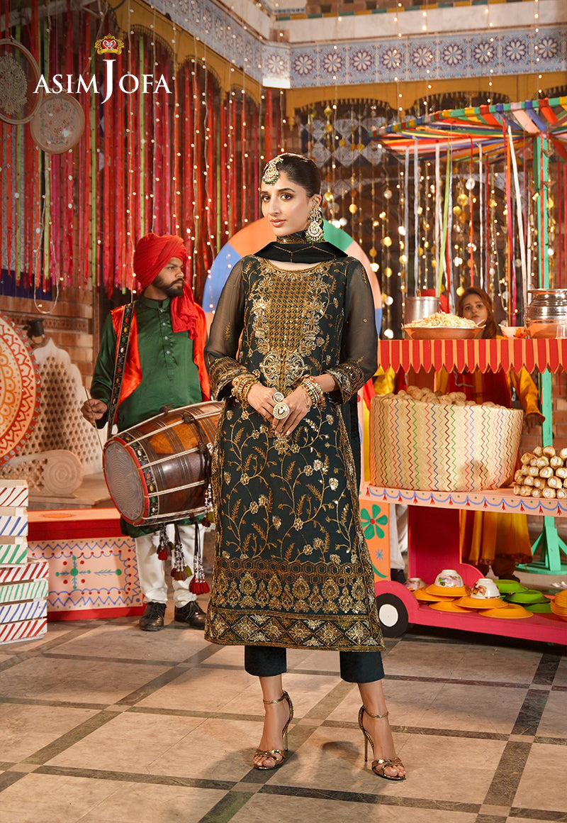 Pakistani Teal Green Embroidered Chiffon & Twisted Silk 3-Piece - Image 1