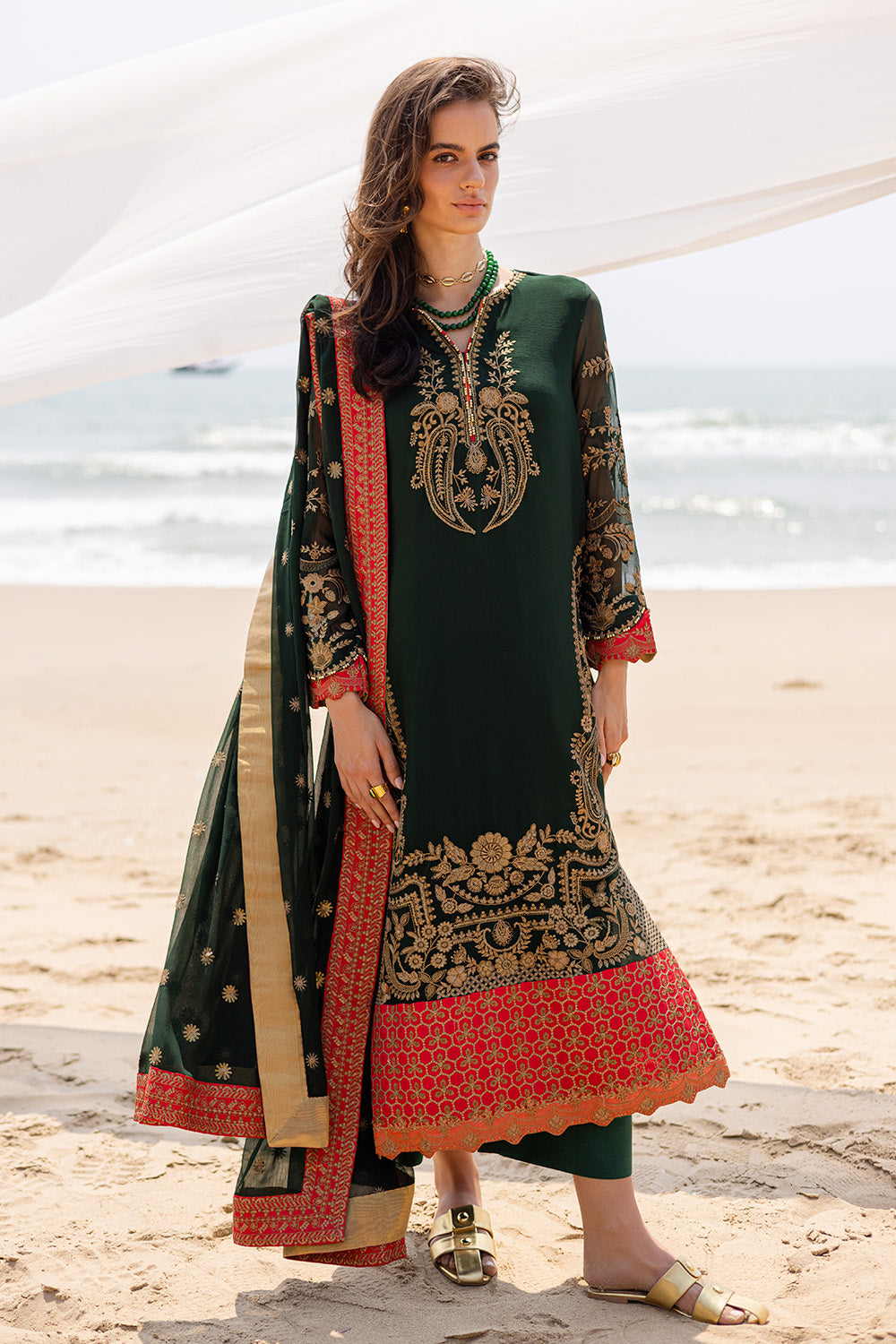 Pakistani Olive Green Embroidered Chiffon & Grip 3-Piece Suit - Image 1