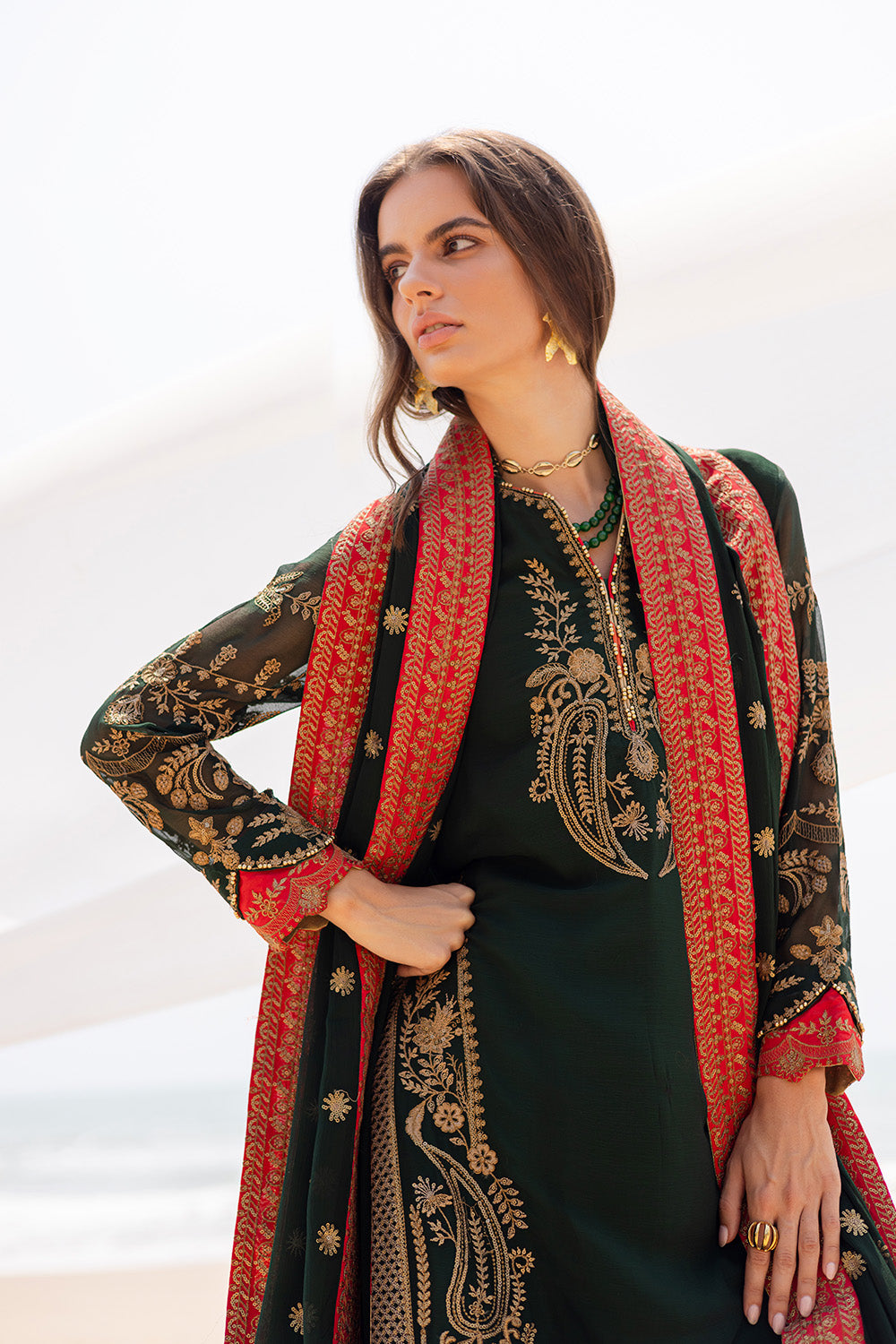 Pakistani Olive Green Embroidered Chiffon & Grip 3-Piece Suit - Image 2